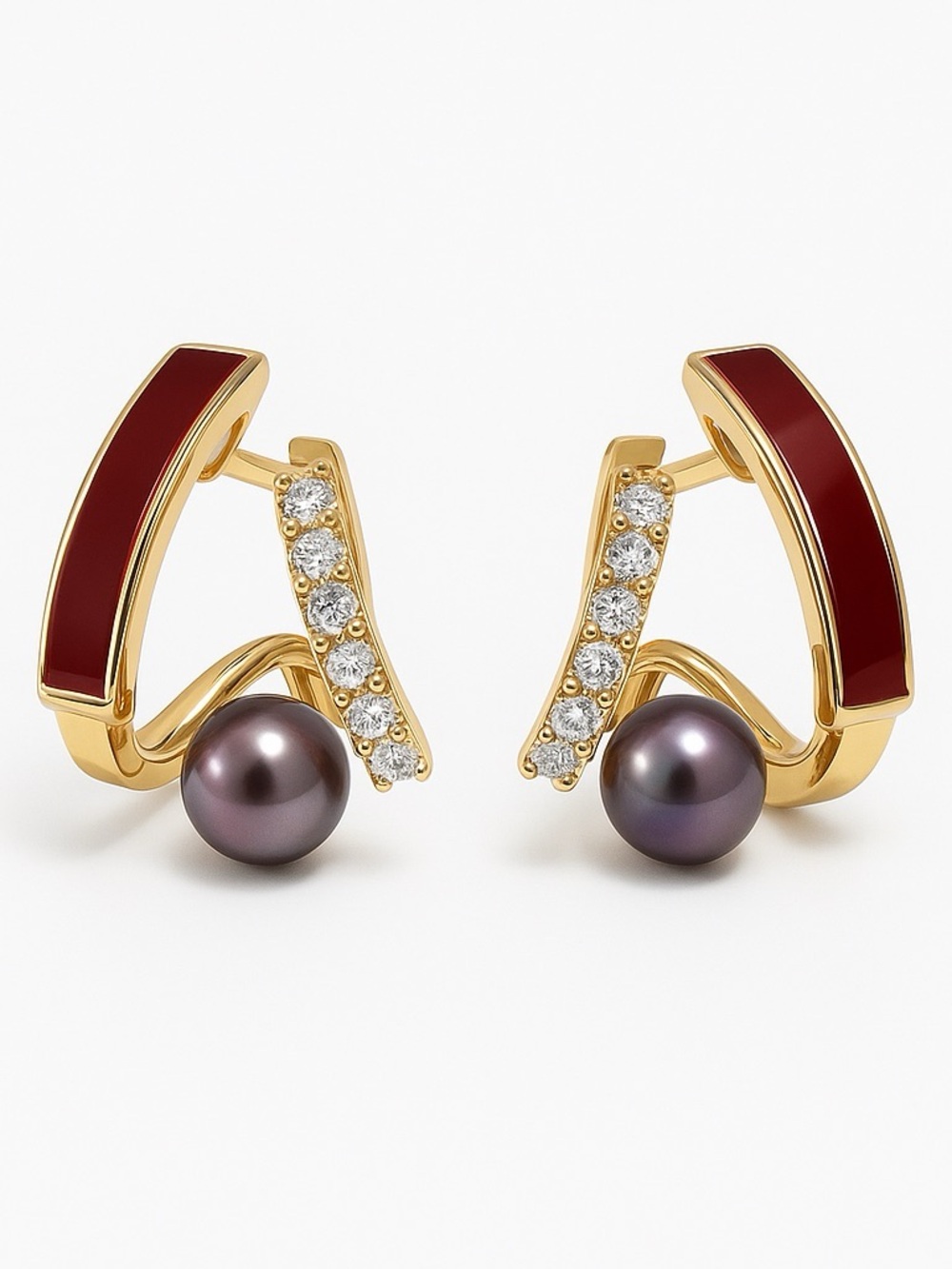Freshwater Pearl & Enamel Ruby Arc with Dark Pearl Stud Earring
